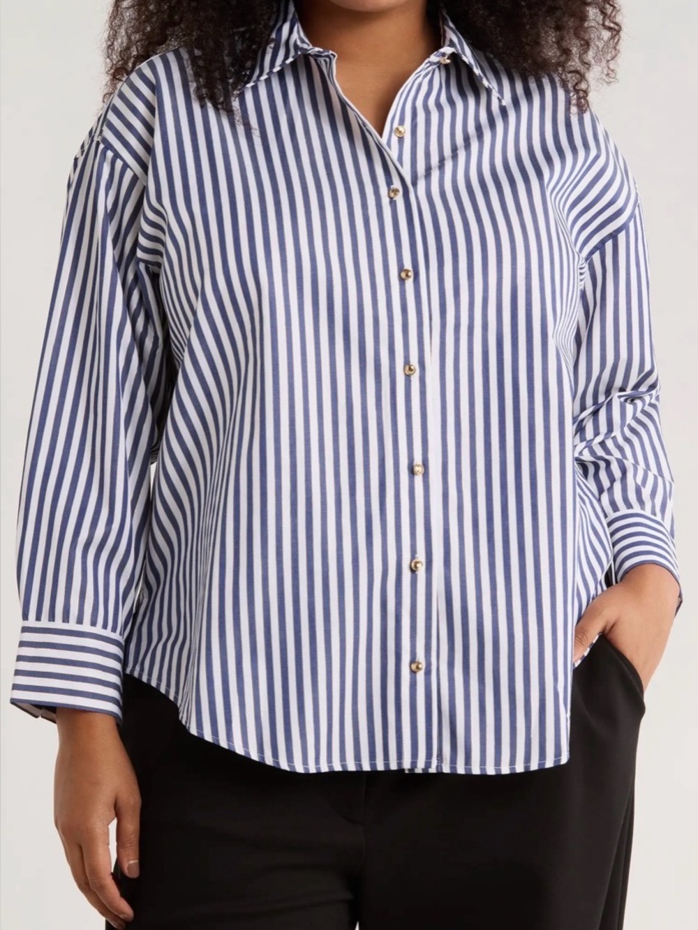 NWT Women's Navy and White Striped Button-Down Shirt with gold accents